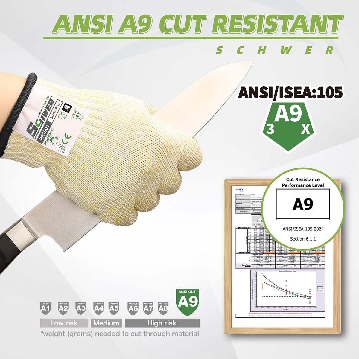Schwer SlicePro ANSI Cut Resistant Gloves, Food Grade Cutting Glove for Kitchen Food Prep, Mandoline Gloves for Meat Cutting, Oyster Shucking, Fish Fillet Processing, PR1501-G, L