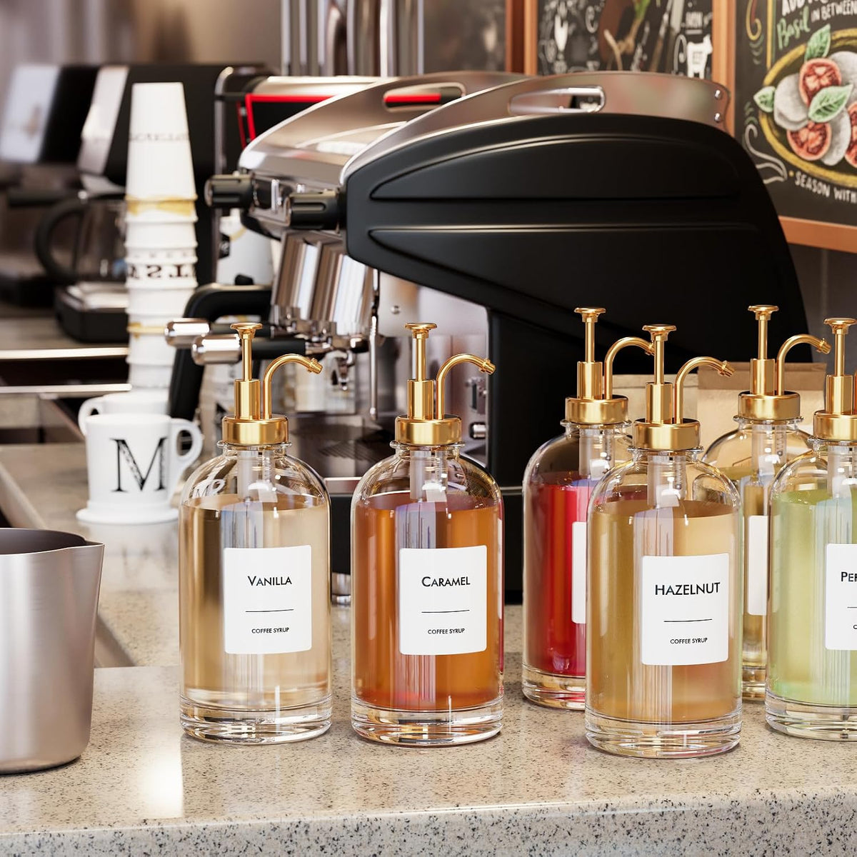 16.9 oz (500 ml) Coffee Syrup Dispenser Set- 4 Glass Bottles with Gold Pumper and Syrup Labels - Precise Dispensing and Stylish Addition to Coffee Shop, Cafe or Home Bar
