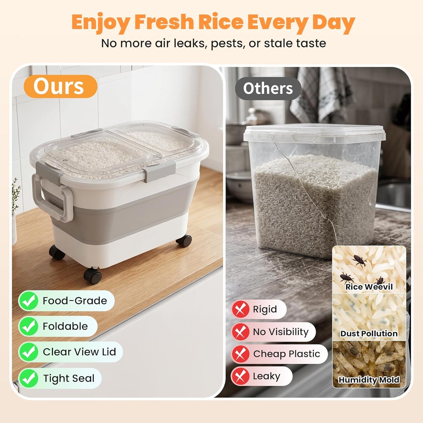 30 Lbs Rice Storage Container with Wheels, Collapsible Airtight Dog Food Storage Container with Transparent Lid, Measuring Cup, Scoop, Handle, BPA Free Rice Holder for Pet Food, Grain, Bird Seed