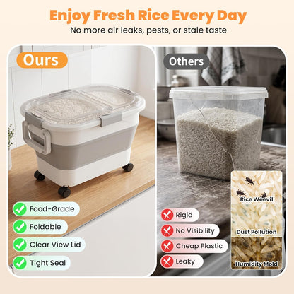 30 Lbs Rice Storage Container with Wheels, Collapsible Airtight Dog Food Storage Container with Transparent Lid, Measuring Cup, Scoop, Handle, BPA Free Rice Holder for Pet Food, Grain, Bird Seed