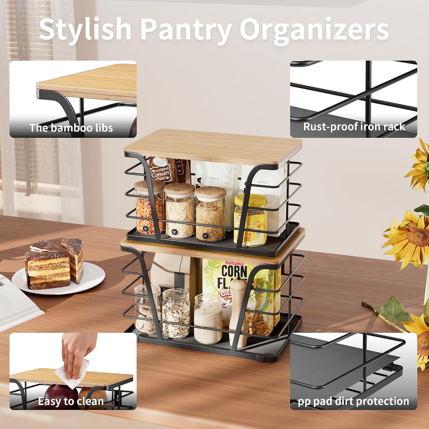 2 Pack Potato and Onion Storage Bins, Stackable Kitchen and Pantry Organizer with Bamboo Top & Lightweight PP Mat, for Vegetables, Fruit, Onion, Potato, Garlic - Pantry, Kitchen Storage Bins (Black)