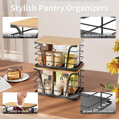 2 Pack Potato and Onion Storage Bins, Stackable Kitchen and Pantry Organizer with Bamboo Top & Lightweight PP Mat, for Vegetables, Fruit, Onion, Potato, Garlic - Pantry, Kitchen Storage Bins (Black)