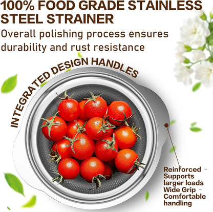 Stainless Steel Strainer with Mixing Bowl, Rice Washer, Colander for Kitchen, Rice Strainer, Fruit and Vegetable Wash, Microporous Colander, Fruit Cleaner Bowl, Dishwasher Safe