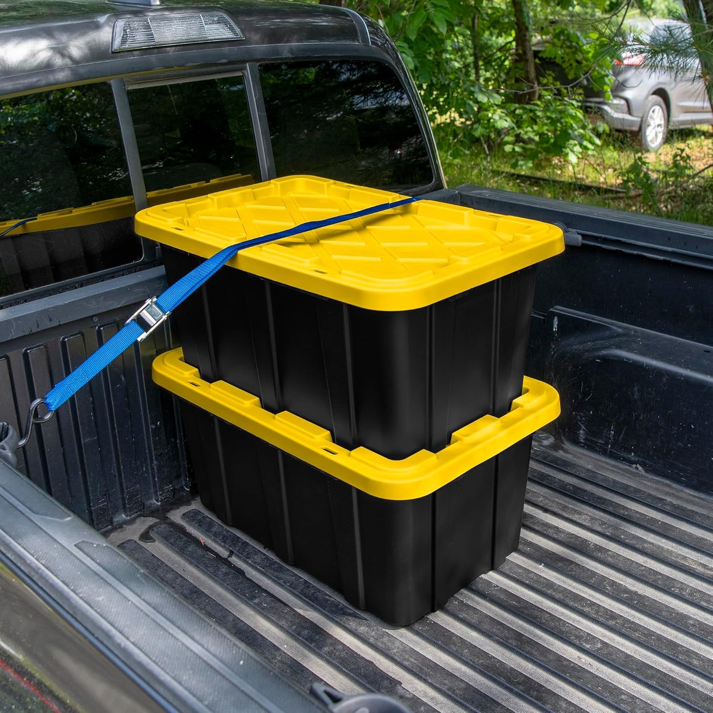 Sterilite 4-Pack 27 Gallon Industrial Storage Tote, Heavy-Duty Plastic Bins, Black/Yellow - Stackable Utility Organizers with Lids for Garage, Camping Tools, and Outdoor Gear
