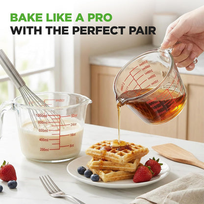 NutriChef 1,2 and 4 Cups Glass Measuring Cup Set with Lids (8, 17 and 34 oz) - Heat-Resistant Borosilicate Liquid Measure Cups with Easy-Read Scale for Cooking, Baking & Food Storage, Dishwasher Safe