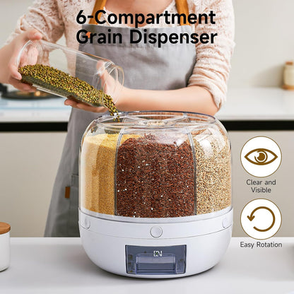 UFORU Rice Dispenser | 360° Rotating Grain Storage Bin - 6 Grids, 20LBS Large Capacity Food Container, Moisture-Proof, One-Click Output for Rice, Beans & Pet Food - Kitchen Pantry Organizer