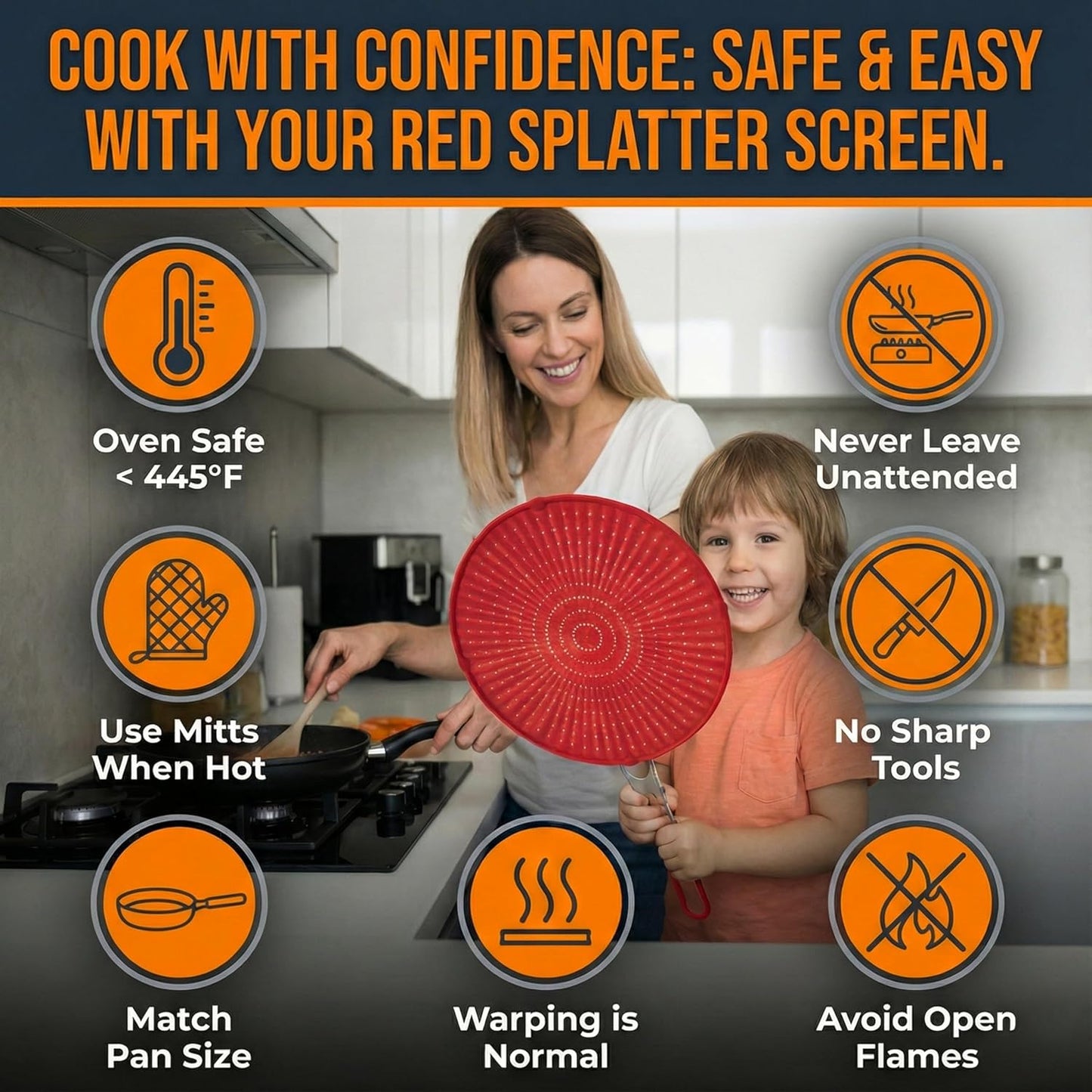 Silicone Splatter Screen for Frying Pan, 13” Navy – Grease & Oil Splatter Guard, Heat Resistant, Dishwasher Safe, Foldable Handle with Sleeves – Splash Guard Fits 10–12” Pans, Most 13” Skillets