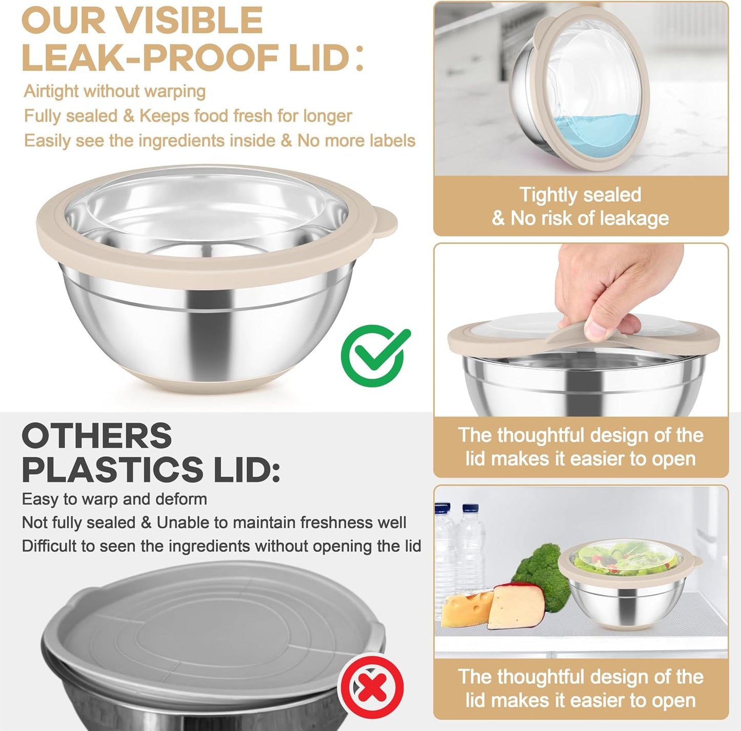 TeamFar Mixing Bowls Set of 6, Stainless Steel Salad Mixing Bowls with Visible Lids, Metal Nesting for Mixing Serving Prepping, Non-Slip & Airtight, 4.6/3.5/2/1.5/1/0.7 QT, Khaki