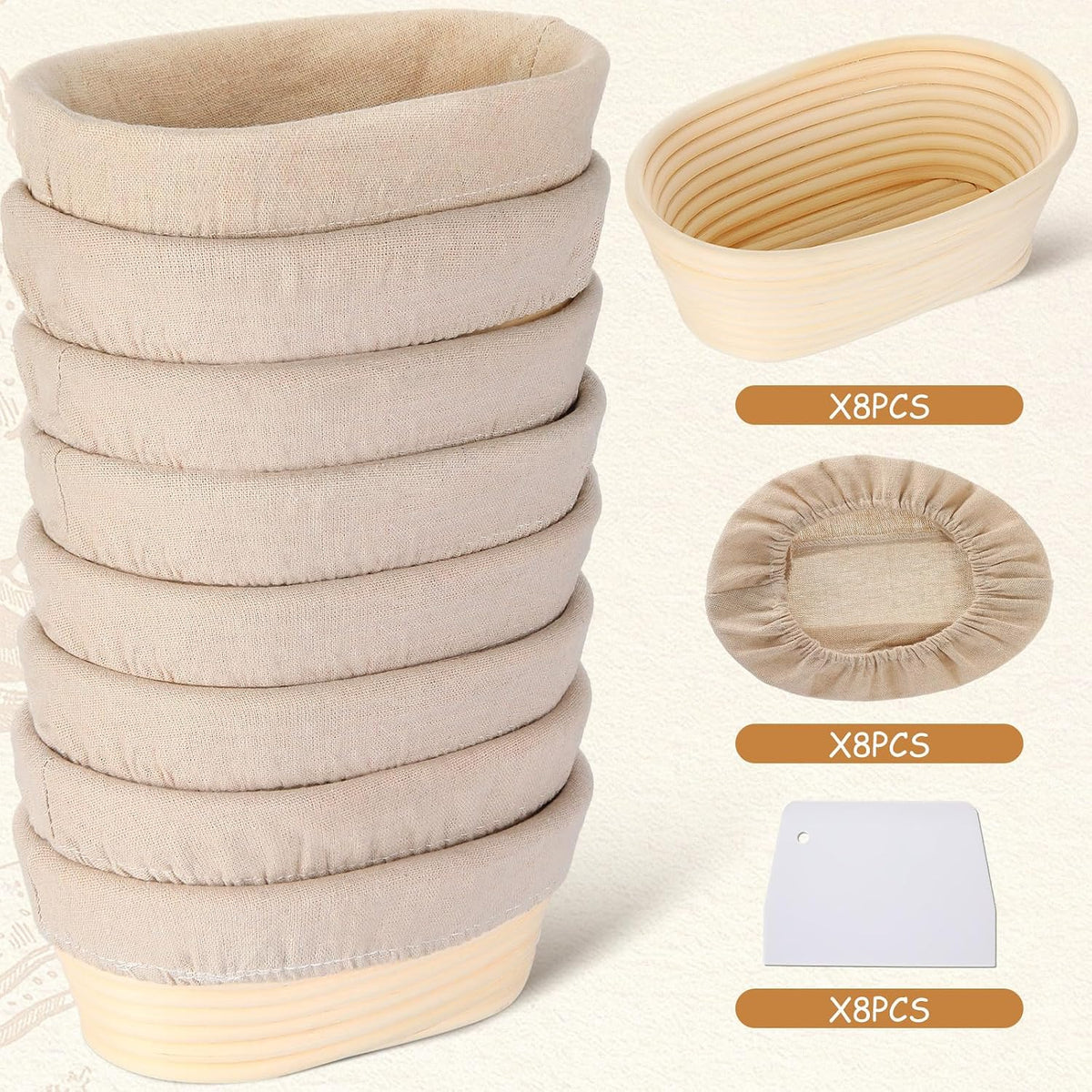Gejoy 8 Pack 10 Inch Oval Banneton Bread Proofing Basket for Bakers