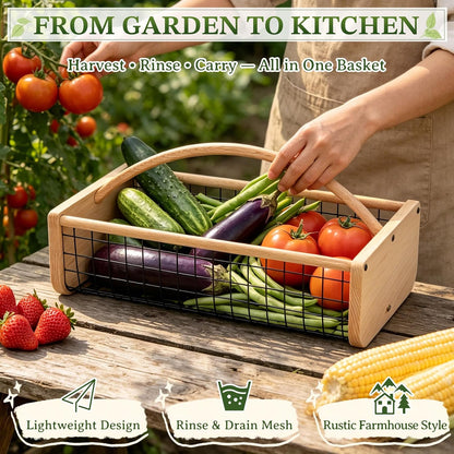 Garden Hod Harvest Basket, Wooden Garden Harvest Basket with Metal Mesh, Vegetable Gathering Basket for Fruit Picking, Rinse & Drain Gardening Basket for Kitchen, Picnic, Farmhouse Decor-Big