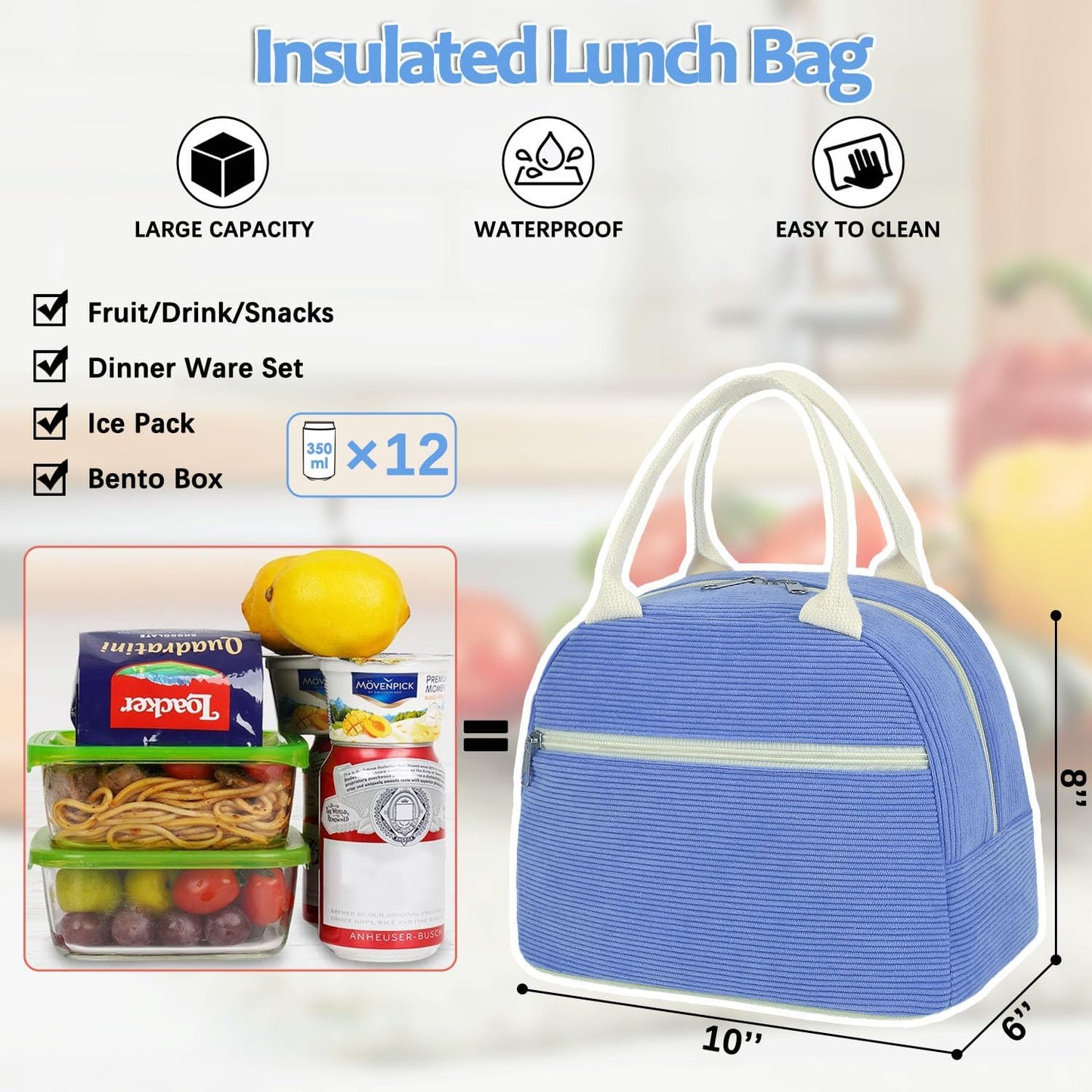 GYEUKHAM Lunch Bag Women, Lunch Box for Adult Men Kids Girls, Small Cute Lunchbox Tote Large Capacity Insulated Lunch Container Cooler for Work School Picnic Travel, Black White Stripes