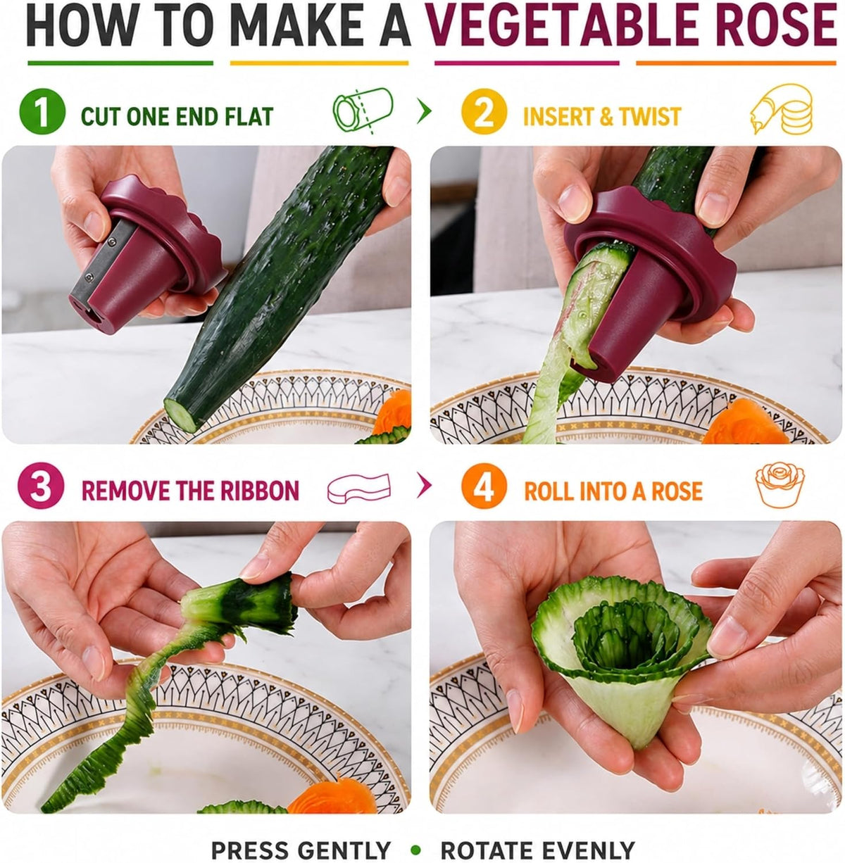 Vegetable Spiralizer and Curler, 2 Pack Rose Slicer for Carrot & Cucumber