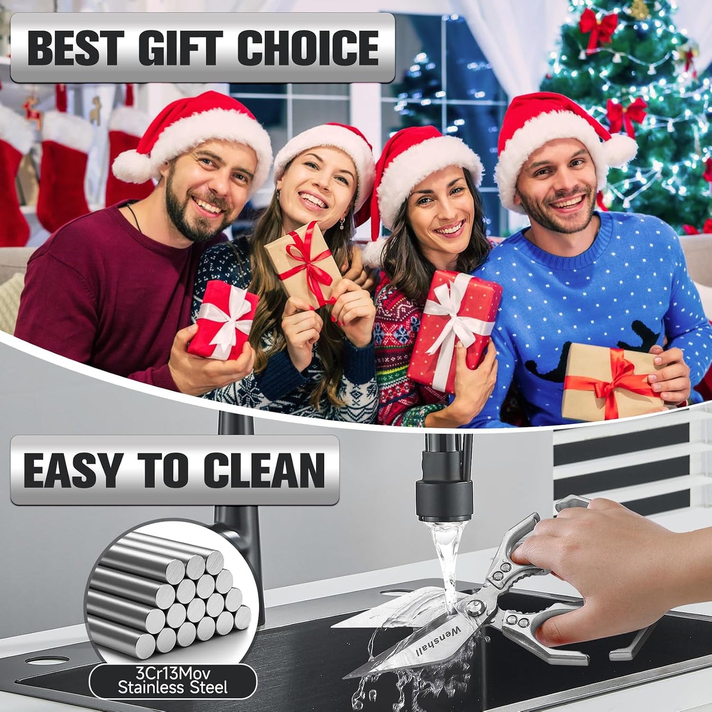 Wenshall 2-Pack Heavy Duty All-Purpose Kitchen Scissors, Japanese Stainless Steel, Kitchen Shears for Cutting Chicken, Poultry, Game, Meat - Chopping Vegetable, Dishwasher Safe,Christmas Gifts（Silver）