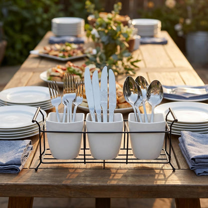 Bekith 3-Piece Ceramic Flatware Caddy with Metal Rack, Utensil Holder Silverware Caddy Cutlery Organizer, White