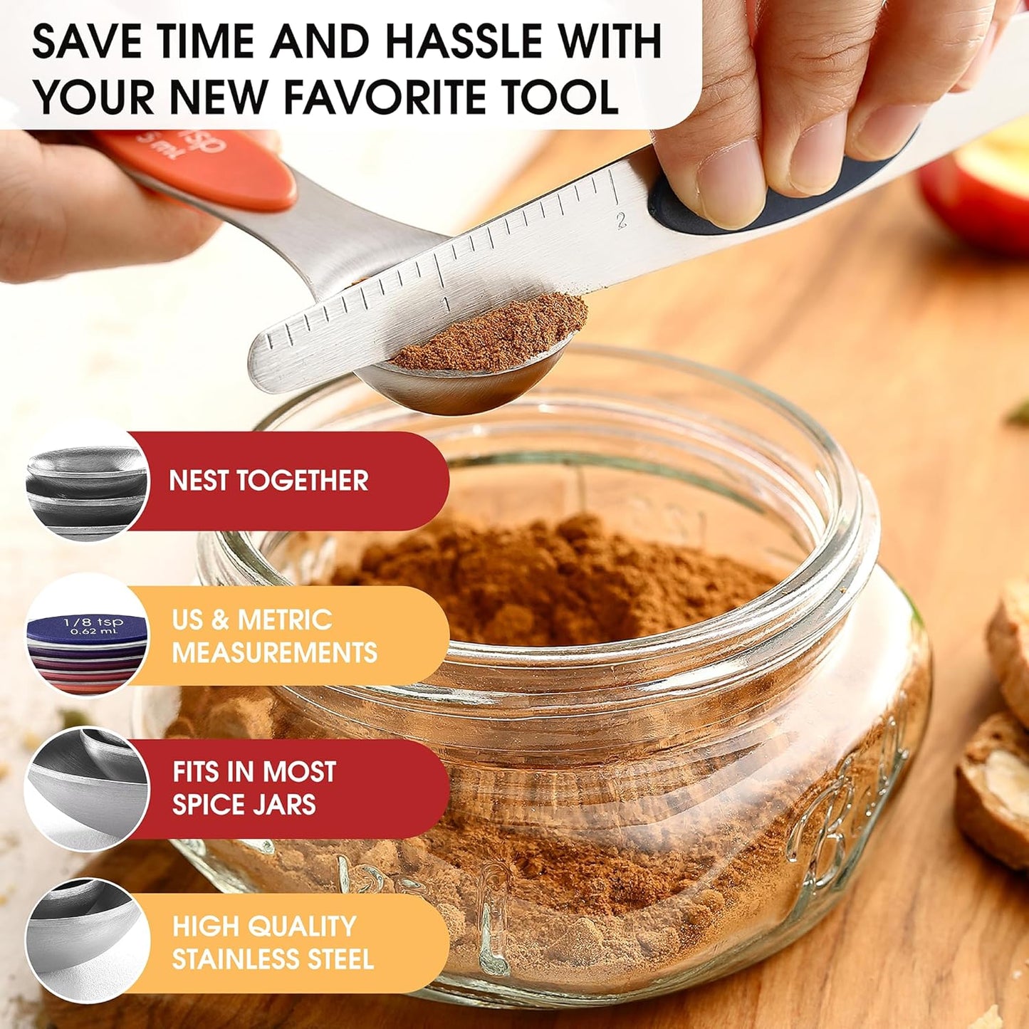 Spring Chef Stainless Steel Magnetic Measuring Spoons Set with Strong N45 Magnets, Heavy Duty Metal Kitchen Gadgets for Baking & Cooking, Fits in Most Kitchen Spice Jars, Set of 8 with Leveler, Black