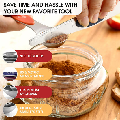 Spring Chef Stainless Steel Magnetic Measuring Spoons Set with Strong N45 Magnets, Heavy Duty Metal Kitchen Gadgets for Baking & Cooking, Fits in Most Kitchen Spice Jars, Set of 8 with Leveler, Black