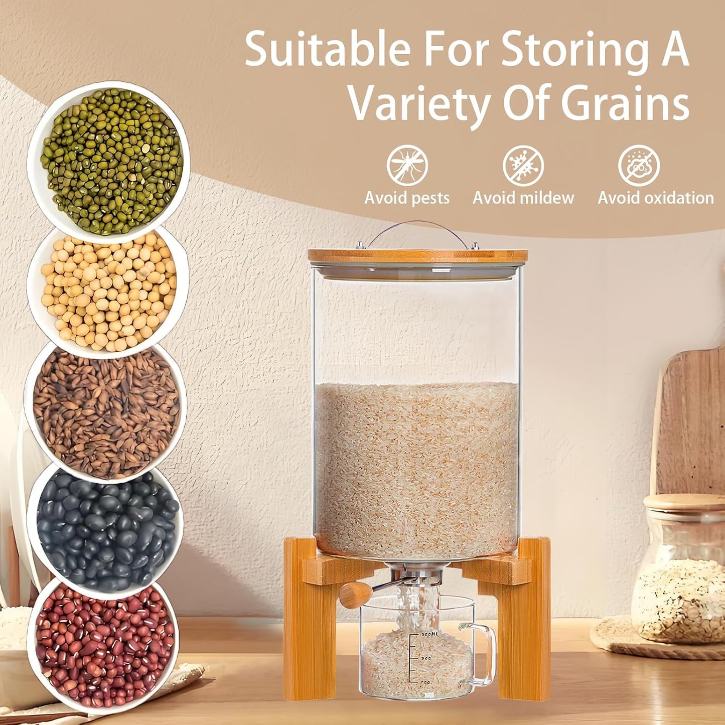 Rice Dispenser, Rice Storage Container, Flour and Cereal Container for Kitchen Organization and Pantry Store, Glass Cereal dispenser with Airtight Lid and Wooden Stand 5L