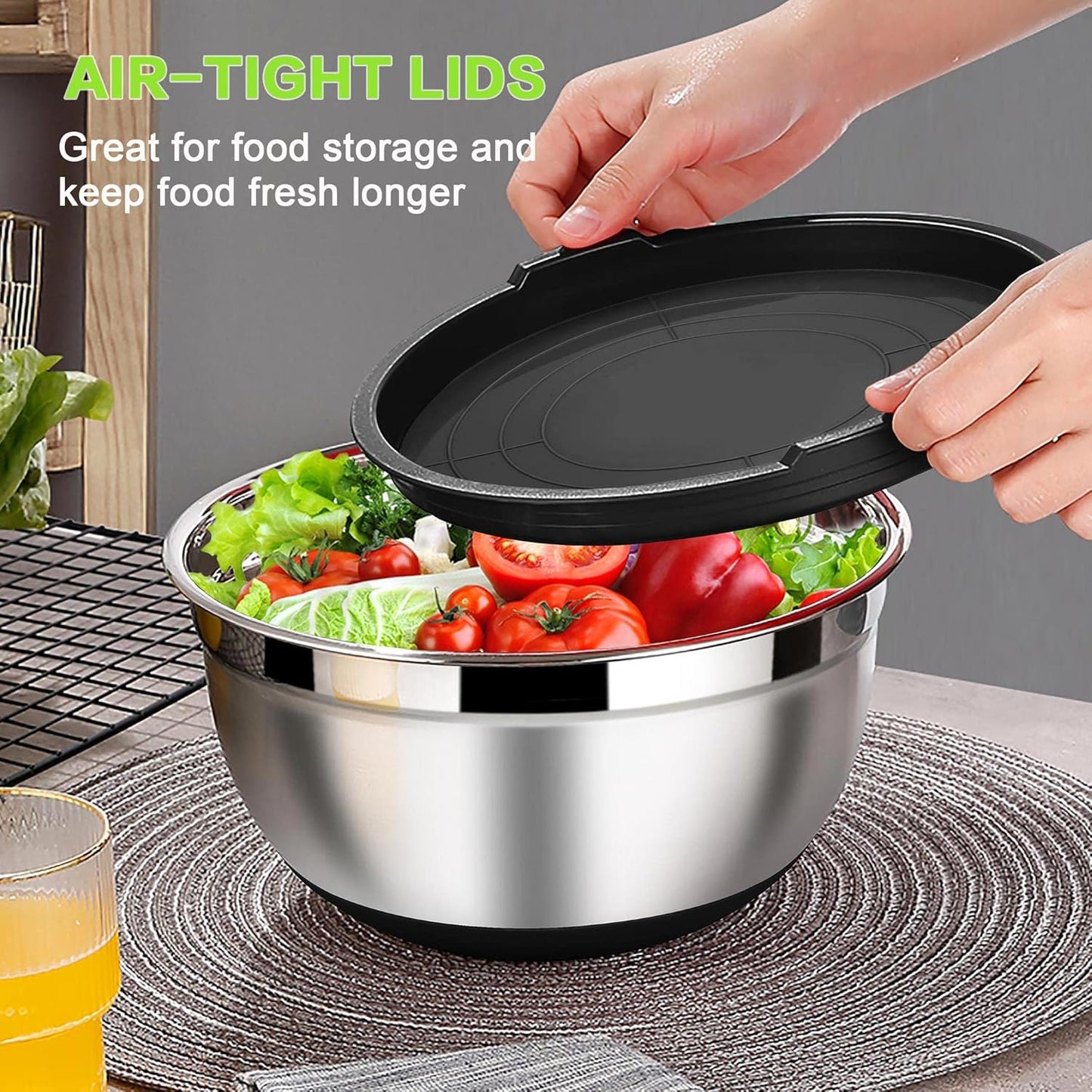 LIANYU Stainless Steel Mixing Bowls Sets of 6, Large 7, 3.5, 2.5, 2, 1.5, 1QT Size with Transparent Airtight Lids, Metal Nesting Serving Bowl Sets for Home Kitchen, Dishwasher & Freezer Safe, Black