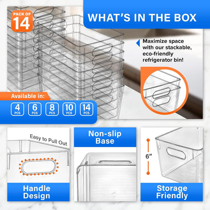 Lifemaster Stackable Refrigerator Bins - Set of 6 Large Capacity Organizers with Easy Grip Handles - Clear and Versatile for Kitchen Storage