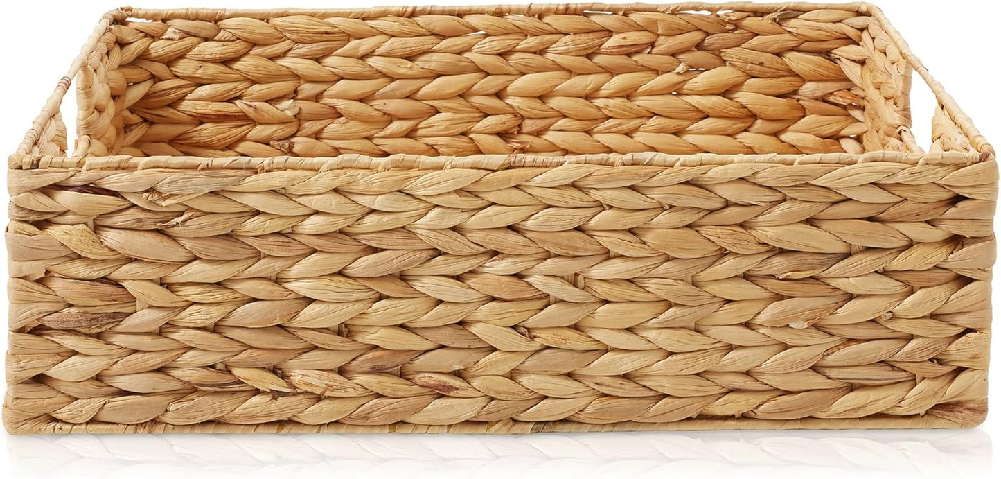 Casafield Set of 4 Water Hyacinth Pantry Baskets, 10" x 13" x 5", with Chalkboard Labels and Chalk Marker - Natural, Woven Storage Bin Organizers for Kitchen Shelves