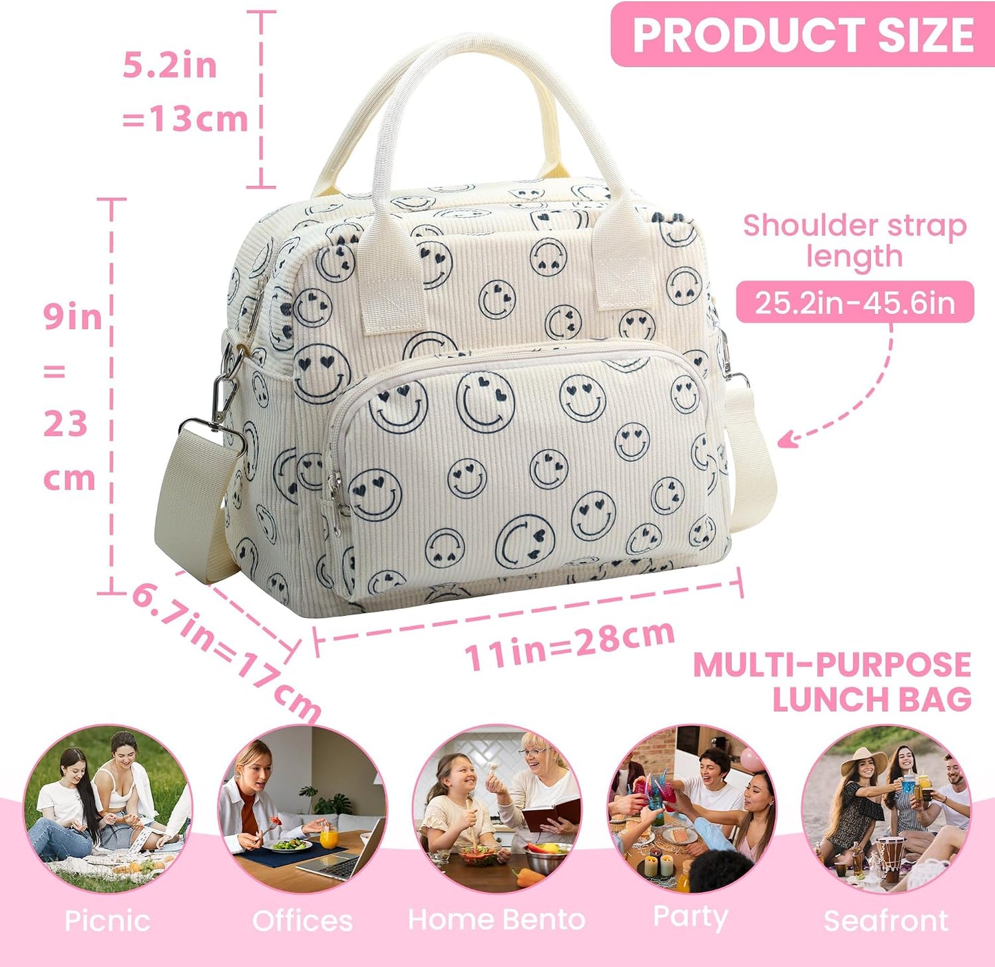 RLGPBON Insulated Lunch Bag Teen Girls, Preppy Lunch Box Large Insulated Lunch Bag Reusable Lunch Tote Bag, Preppy LunchBag for Girls School Travel Picnic