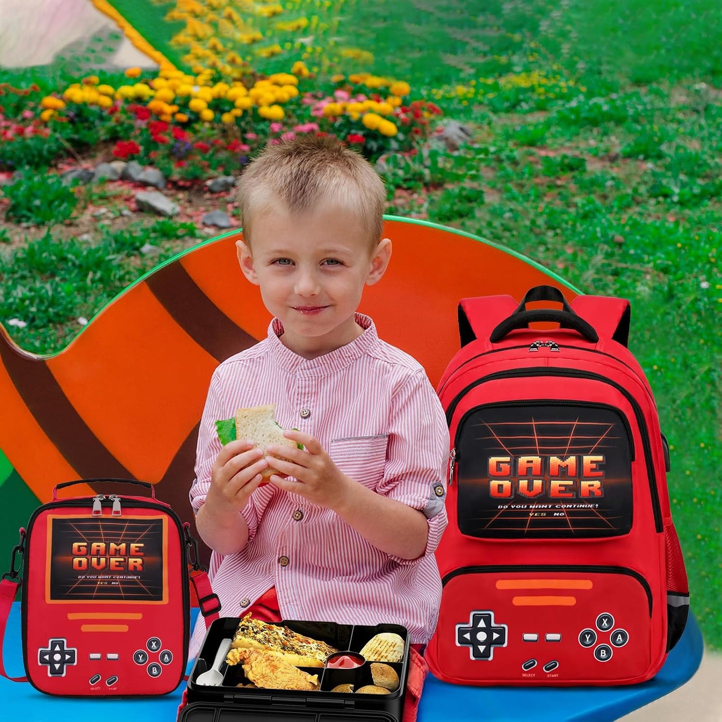 ACESAK Game luminous Boys Backpack - Bento Box with Insulated Lunch Bag Pencil Case, Utensils Set for Kids, 6 Leakproof Compartments Removable Tray Lunches or Snack Container (Blue)