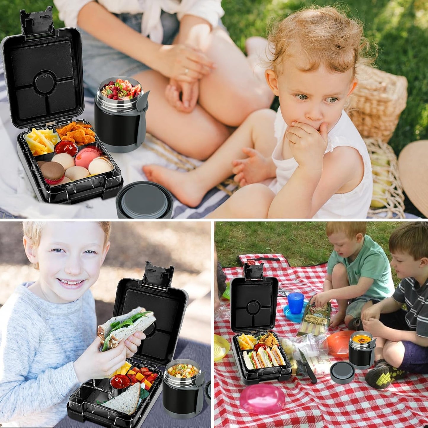 Bento Lunch Box Set for Kids with 10oz Soup Thermo, Leak-Proof Lunch Containers with 4 Compartment, Kids Thermo Hot Food Jar and Insulated Lunch Bag for Kid to School,BPA-Free(Dragon)