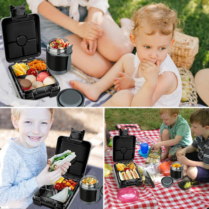 Bento Lunch Box Set for Kids with 10oz Soup Thermo, Leak-Proof Lunch Containers with 4 Compartment, Kids Thermo Hot Food Jar and Insulated Lunch Bag for Kid to School,BPA-Free(Dragon)