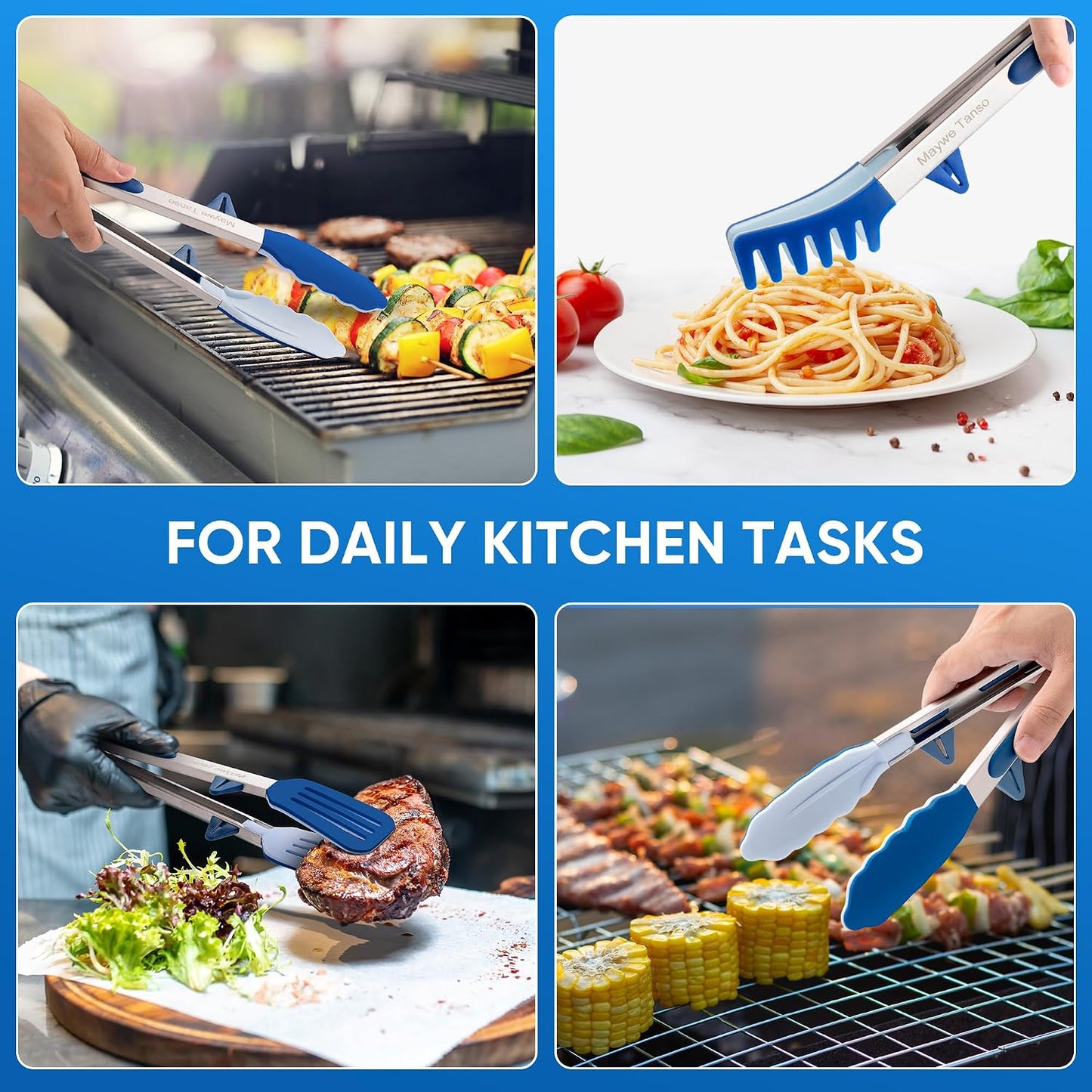 3 Pack Silicone Tongs for Cooking,Maywe Tanso 9 Inch Cooking Kitchen Tongs with Silicone Tips,Nonstick Stainless Steel Tongs for Steak Pie Pizza Pasta Spaghetti Salad BBQ Buffet