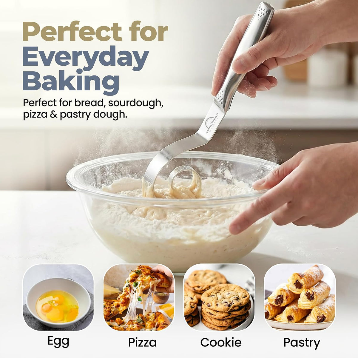 Sourdough Accessories | Seamless Danish Sourdough Bread Whisk, Silicone Dough Scraper & Sourdough Scoring Tool with 5 Blades + Storage Bag (Sourdough bread lame Kit) | Bread baking supplies