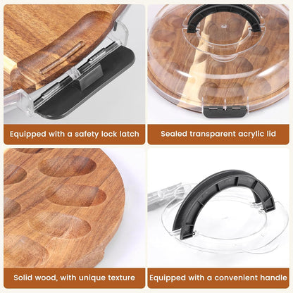 Deviled Egg Container with Lid, 2026 Upgraded Wooden Deviled Egg Platter Carrier Holder Trays with 24 Slots for Party and Home Kitchen Countertop Clear Lid Dishwasher Safe