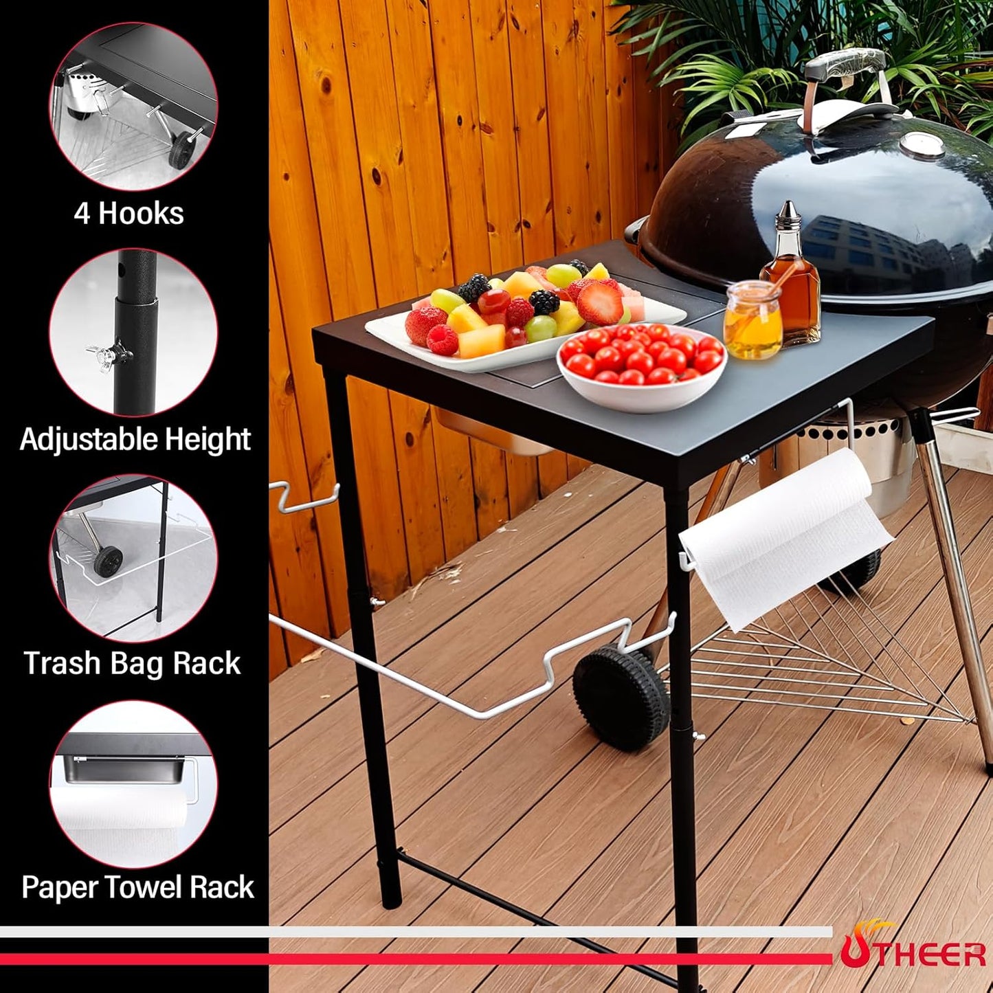 Upgraded Grill Table for Weber Kettle 22"/18"/26", Master Touch 22", Smokey Mountain, Recteq Pellet Grill RT-B380, Prep Station with Cutting Board, Basin, 4 Hooks, Shelf for Weber Kettle Accessories