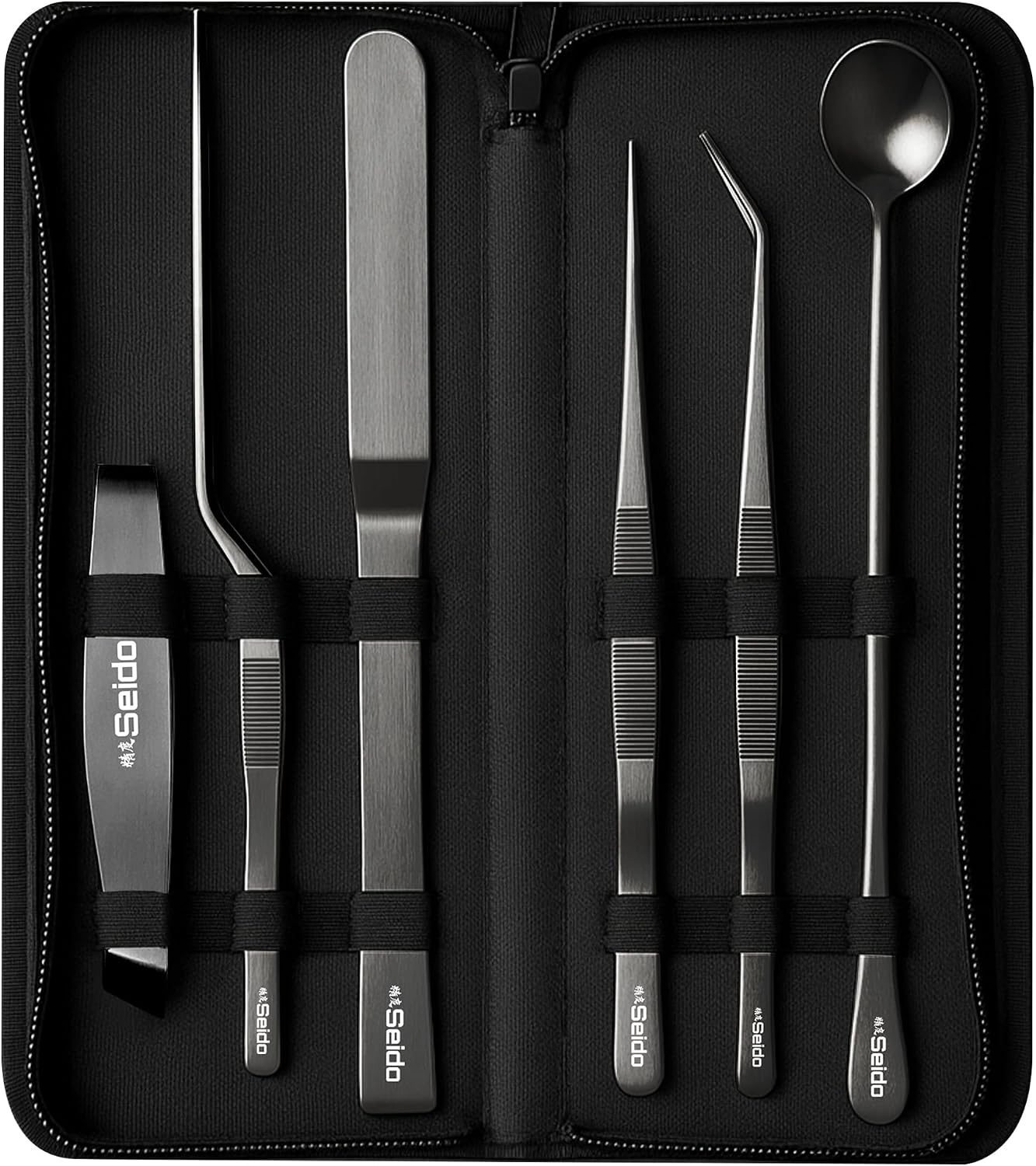 Seido 6-Piece Plating Tweezer Set – Professional Stainless Steel Culinary Tools with Non-Slip Grip, Straight & Curved Tweezers, Fish Bone Tweezer, Spatula, Tasting Spoon, Case Included