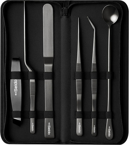 Seido 6-Piece Plating Tweezer Set – Professional Stainless Steel Culinary Tools with Non-Slip Grip, Straight & Curved Tweezers, Fish Bone Tweezer, Spatula, Tasting Spoon, Case Included