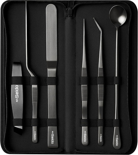 Seido 6-Piece Plating Tweezer Set – Professional Stainless Steel Culinary Tools with Non-Slip Grip, Straight & Curved Tweezers, Fish Bone Tweezer, Spatula, Tasting Spoon, Case Included