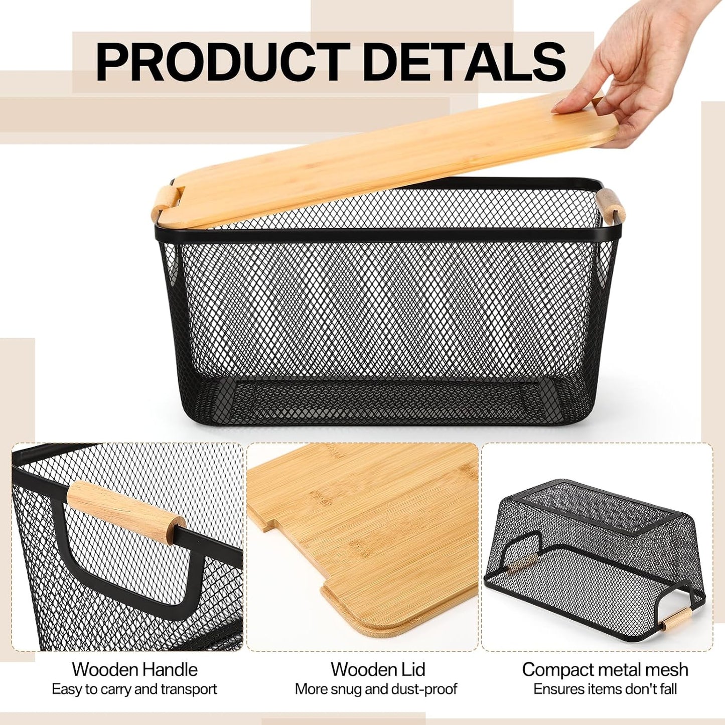 Geelin 4 Pcs Metal Wire Basket with Wooden Handles and Bamboo Lids 12.2 x 8.27 x 5.51 Mesh Steel Basket Stackable Storage Bins Organizer Containers for Vegetables Fruit Home Cabinet Pantry(White)