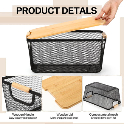 Geelin 4 Pcs Metal Wire Basket with Wooden Handles and Bamboo Lids 12.2 x 8.27 x 5.51 Mesh Steel Basket Stackable Storage Bins Organizer Containers for Vegetables Fruit Home Cabinet Pantry(White)