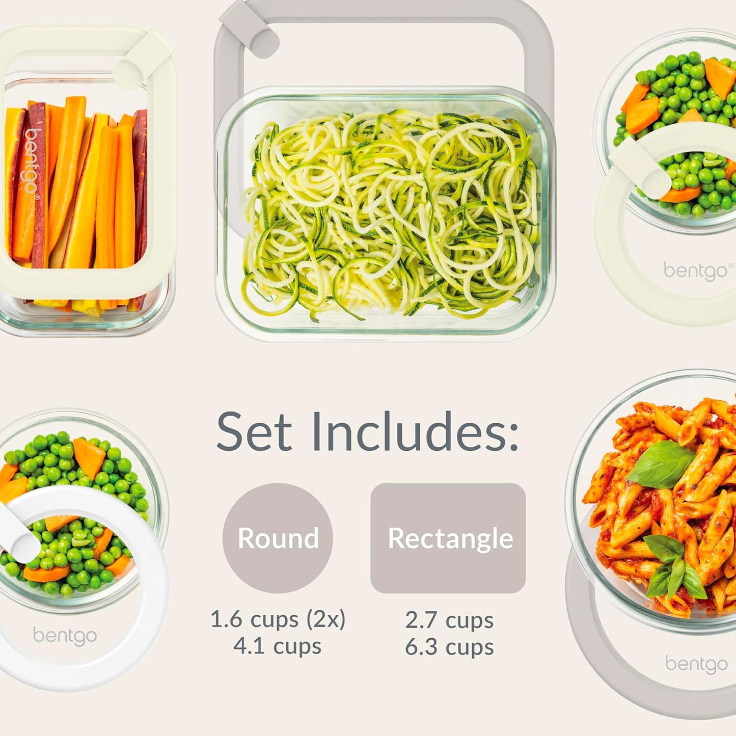 Bentgo Signature Leak-Proof Glass Food Storage - 4-Piece Set, 1-Compartment Plastic-Free Containers with Airtight Glass Lids, BPA-Free, Microwave, Freezer, Oven & Dishwasher Safe (White Stone)