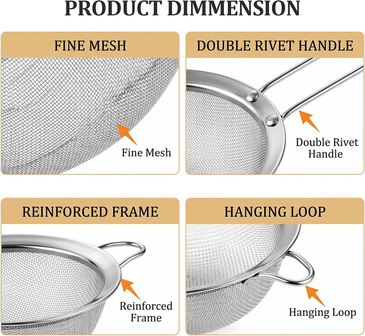 2 Pack Fine Mesh Strainer, Small Stainless Steel Sieves with Handles, for Steeping Loose Leaf Tea, Straining Cocktail, Juice and Sifting Flour, Powdered Sugar (2pcs)