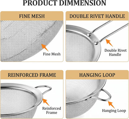 2 Pack Fine Mesh Strainer, Small Stainless Steel Sieves with Handles, for Steeping Loose Leaf Tea, Straining Cocktail, Juice and Sifting Flour, Powdered Sugar (2pcs)