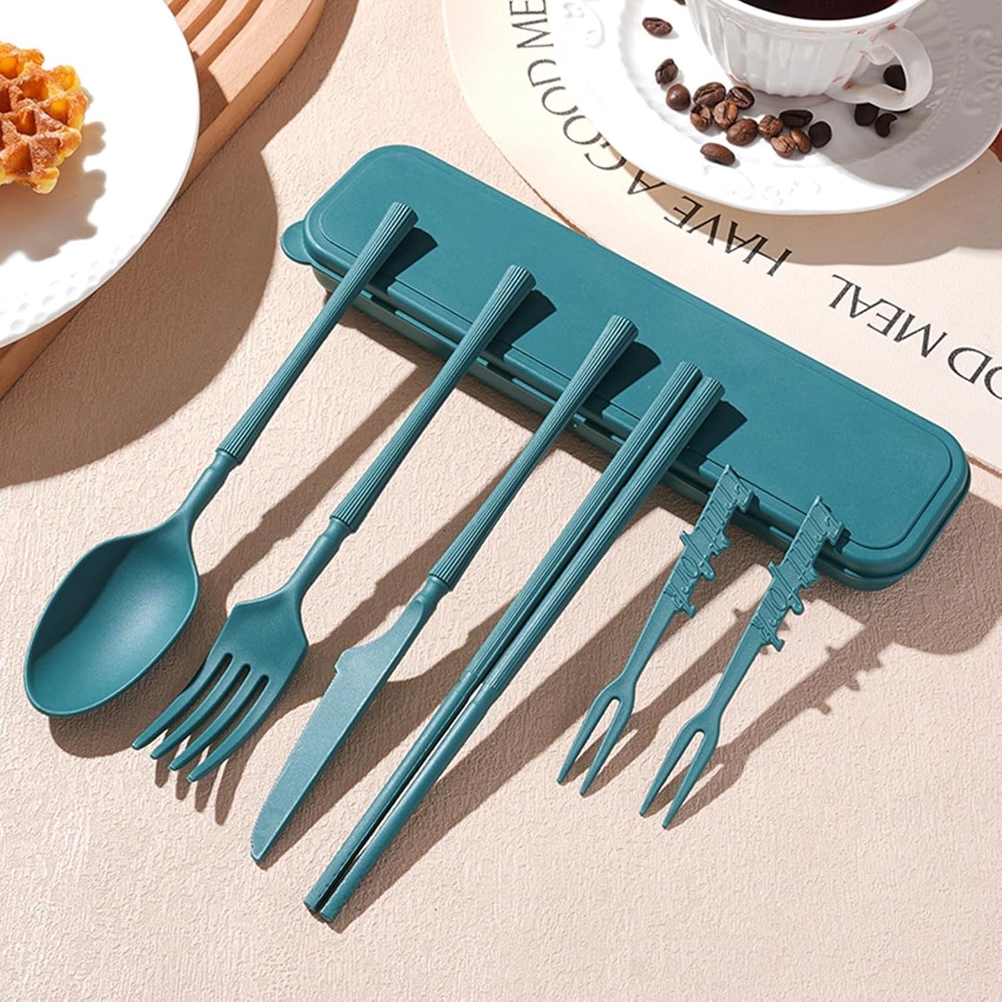 Reusable Travel Utensils Set with Case, Wheat Straw Portable Plastic Fork Spoon Knife Chopsticks Camping Cutlery, Eco-Friendly BPA Free Tableware Picnic Flatware for Kids Adults or Daily Use (Pink)