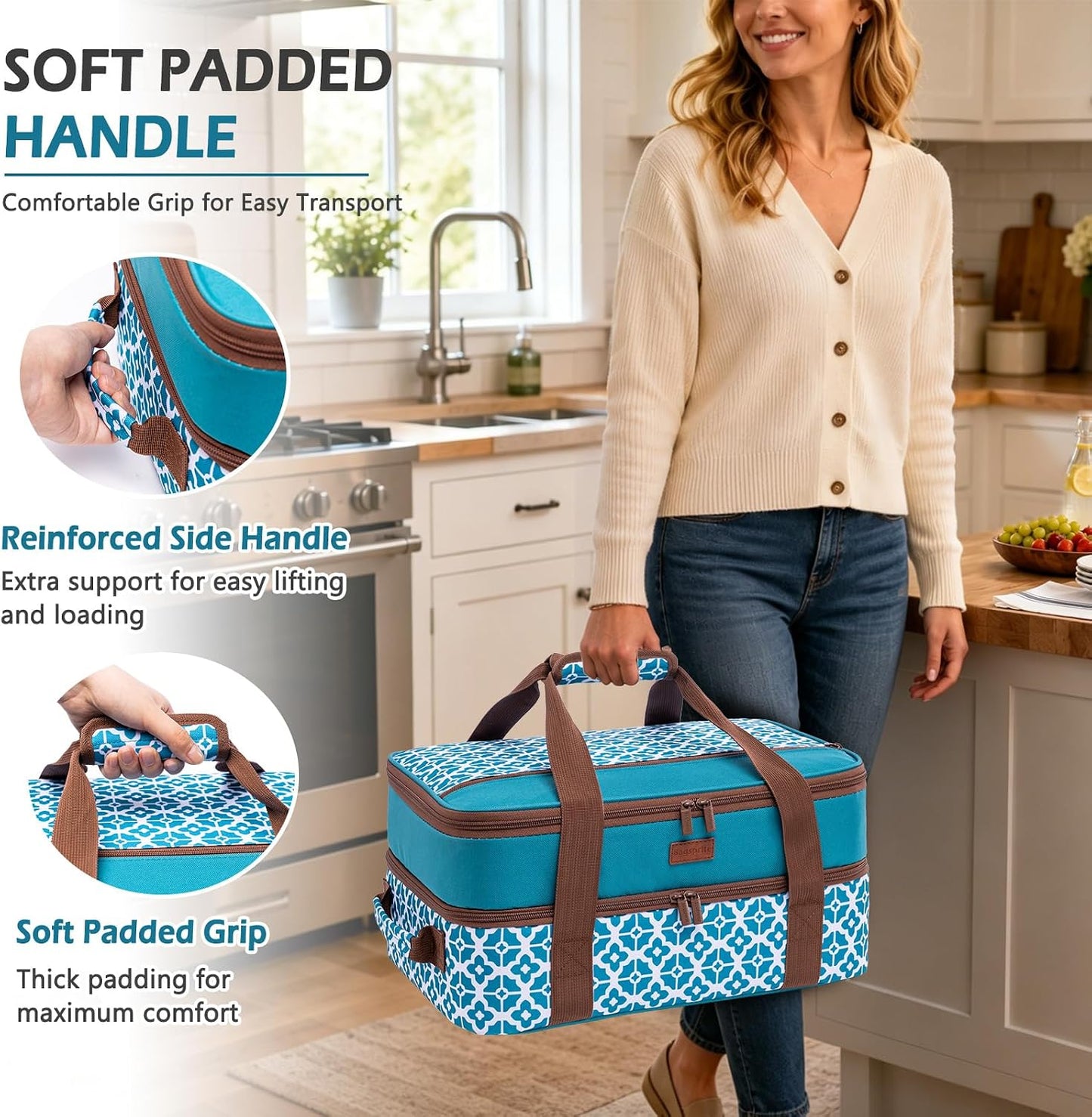 Double Layer Insulated Casserole Carrier, Fits 9" x 13" Baking Dish, Food Transport Carrier with Utensil Pocket for Hot & Cold Dishes, Reusable Potluck Tote for Thanksgiving, Parties&Family Gatherings