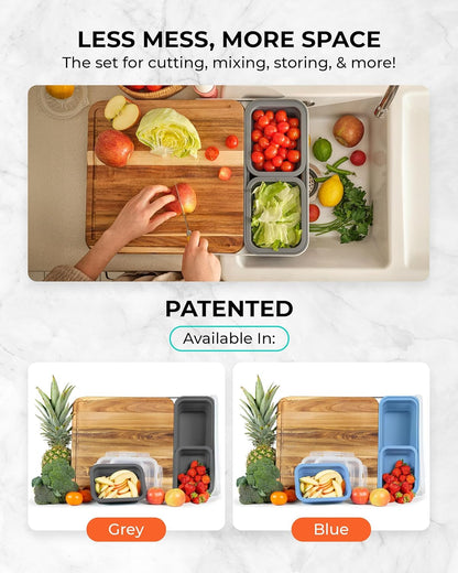 TidyBoard Meal Prep Cutting Board with Containers - Acacia Wood Cutting Board with Silicone Containers and Lids - Meal Prep Station - Over-the-Sink Chopping Board (Base Pack, Grey)