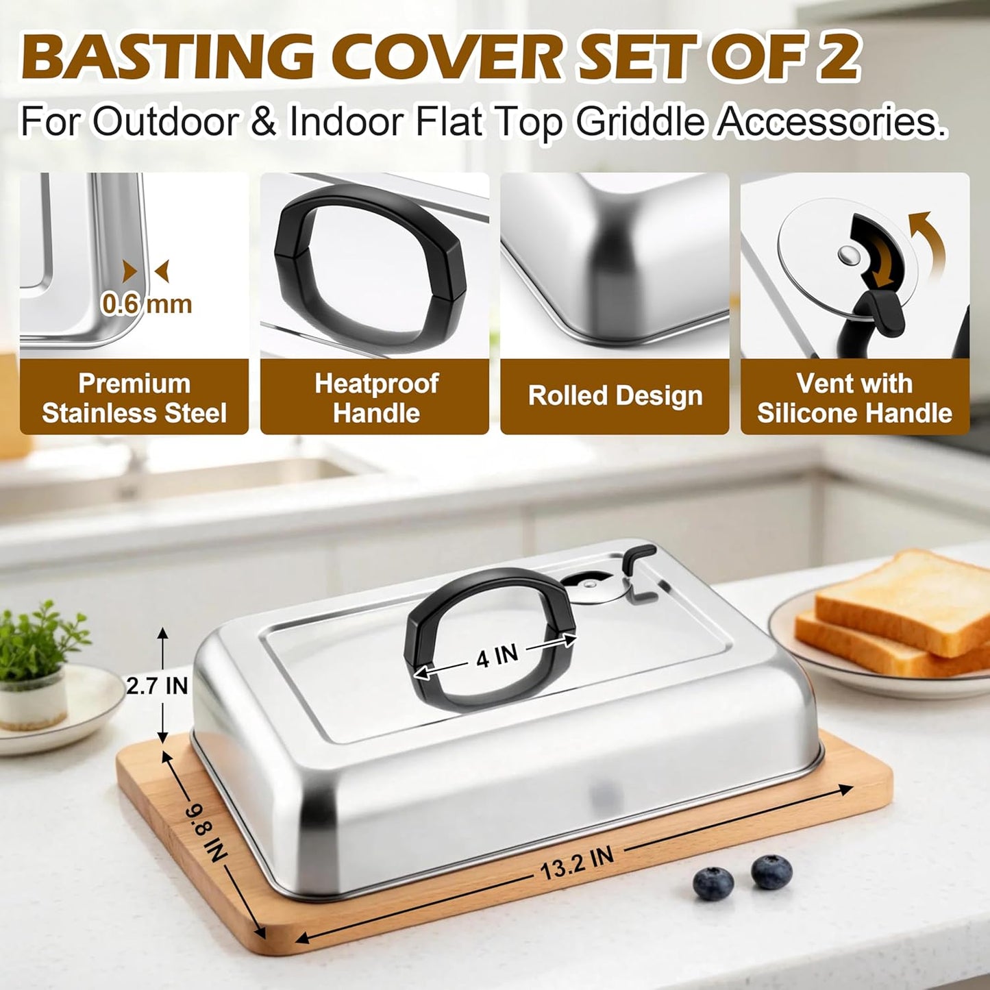 Leonyo 13 x 9 Inch Rectangular Basting Cover Set of 2, Stainless Steel Cheese Melting Dome Lid with Adjustable Vent Heavy Duty for Outdoor&Indoor Flat Top Griddle Accessories Teppanyaki BBQ Grilling