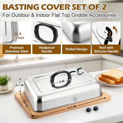 Leonyo 13 x 9 Inch Rectangular Basting Cover Set of 2, Stainless Steel Cheese Melting Dome Lid with Adjustable Vent Heavy Duty for Outdoor&Indoor Flat Top Griddle Accessories Teppanyaki BBQ Grilling