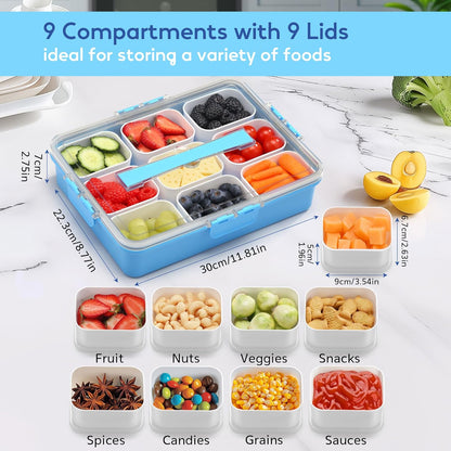 Snackle Box Container for Adults with 9 Compartment, Divided Serving Tray Snack Box Containers with Lid and Handle, Charcuterie Boxes Portable Snack Platter for Fruit Veggie Party Travel, White