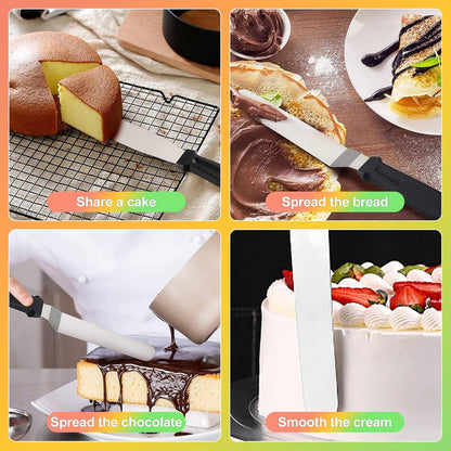 ZukoCert 2-Piece Angled Offset Icing Spatula Set (6" & 8") - Professional 0.7mm Thick Stainless Steel Cake Decorating Frosting Spatulas with Ergonomic Plastic Handles for Baking and Pastries