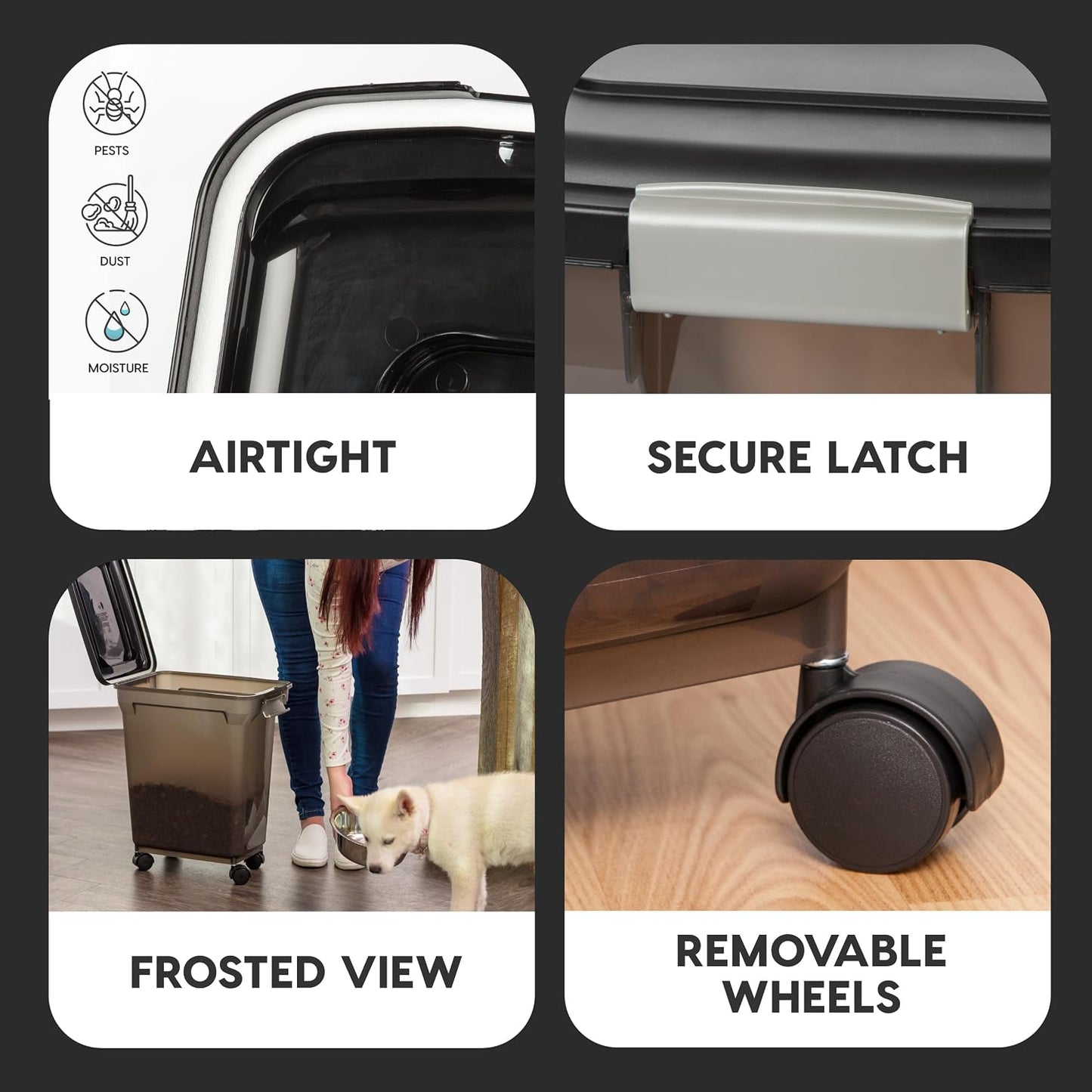 IRIS USA Dog Food Storage Container, Airtight Lid, 2-Cup Scoop, Up to 13 Pounds Pet Food Storage, Versatile Pet Food Bin, Treats, BPA Free, Dark Gray