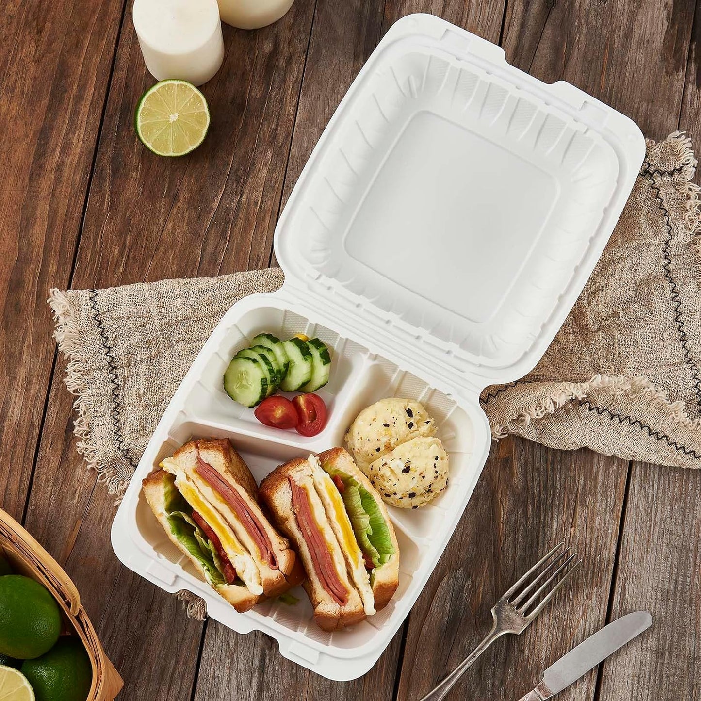 8X8 3-Compartment 50-Pack Plastic Clamshell Takeout Food Trays Heavy Duty Togo Disposable Box Carryout Meal Prep Packaging Catering Hinged Containers With Secure Snap Lid (Formerly FULING)