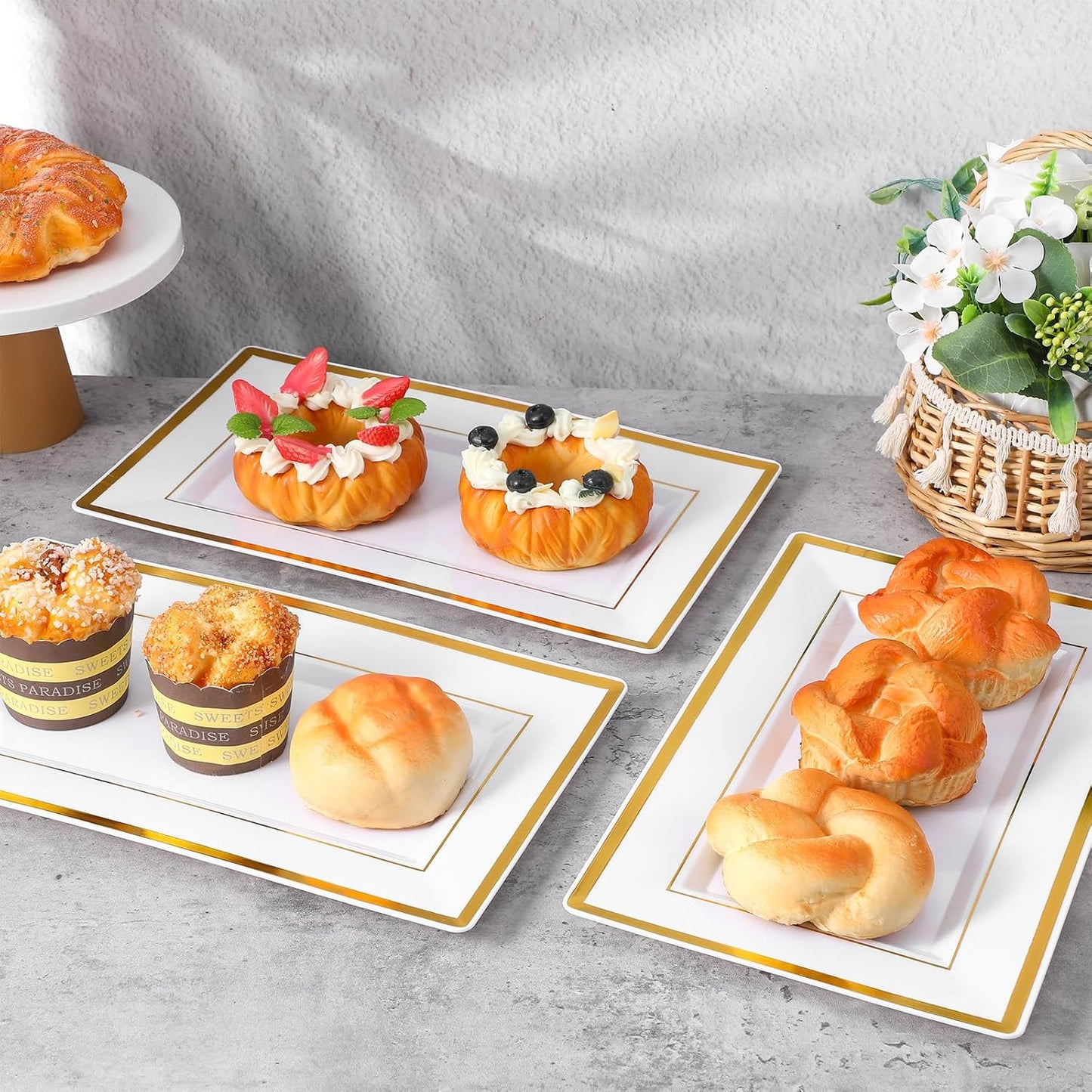 12 Pcs White and Gold Rim Plastic Serving Trays, Disposable Platters Rectangle Serving Trays and Platters for Food Fruit Dessert Cupcakes Cookies Appetizers Parties Holiday Weddings 13''x7.9''